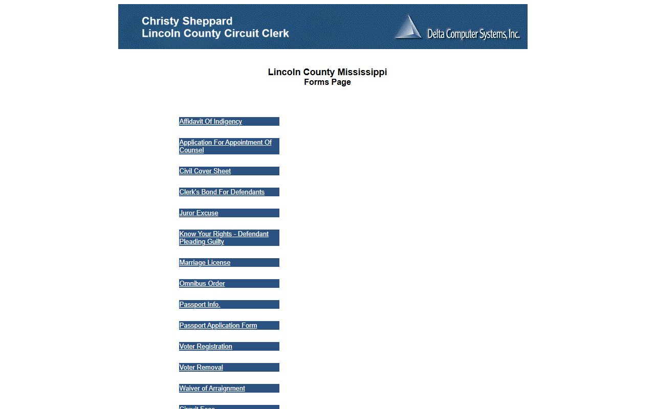 Lincoln County Circuit Clerk online forms page listing court records documents