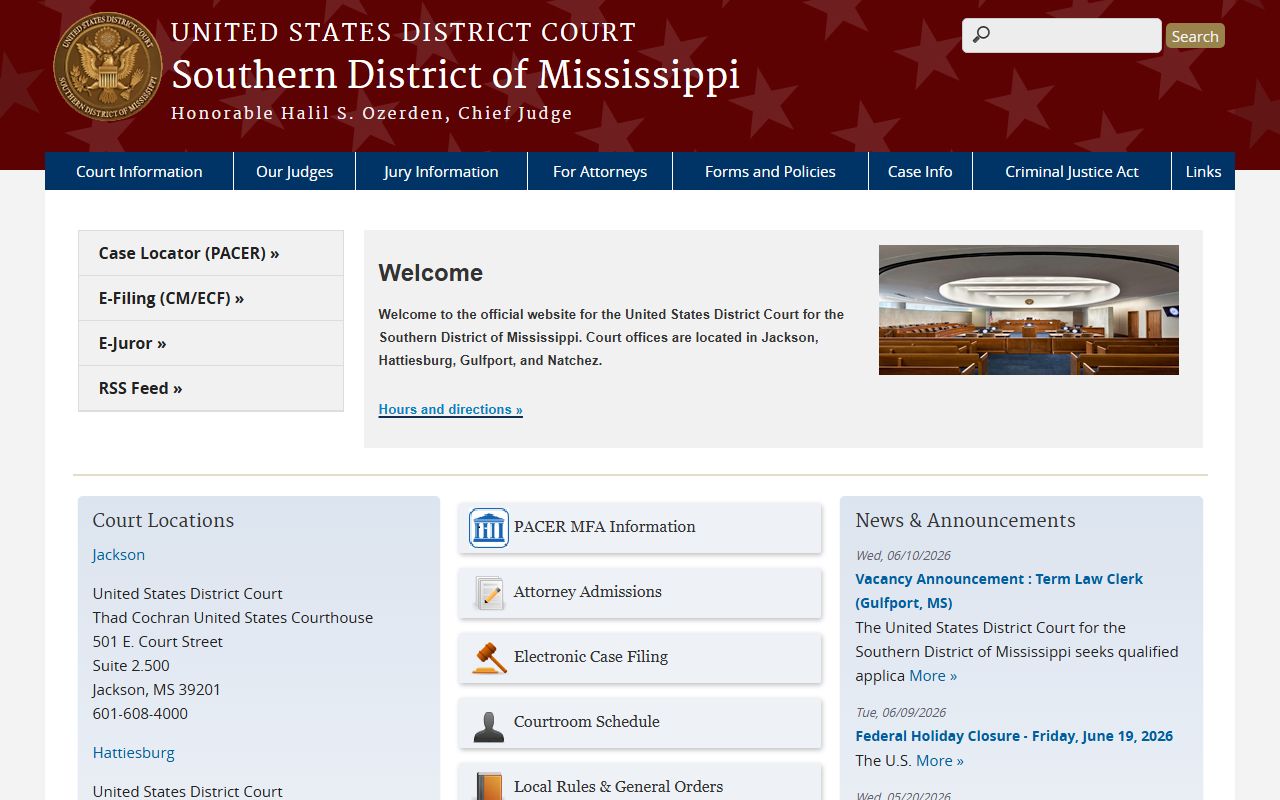 Southern District of Mississippi court dockets page covering Lincoln County