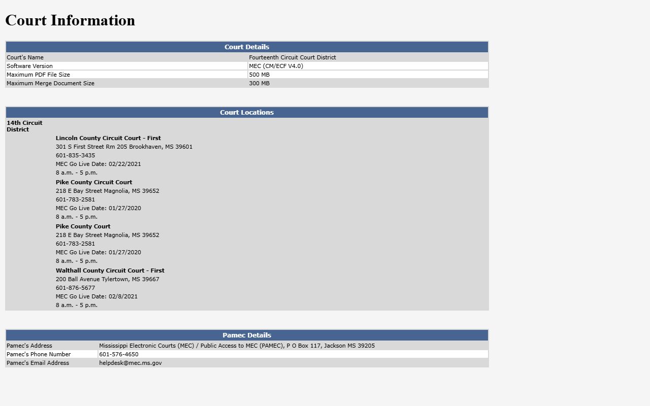 Lincoln County 14th Circuit court records information page on Mississippi Electronic Courts