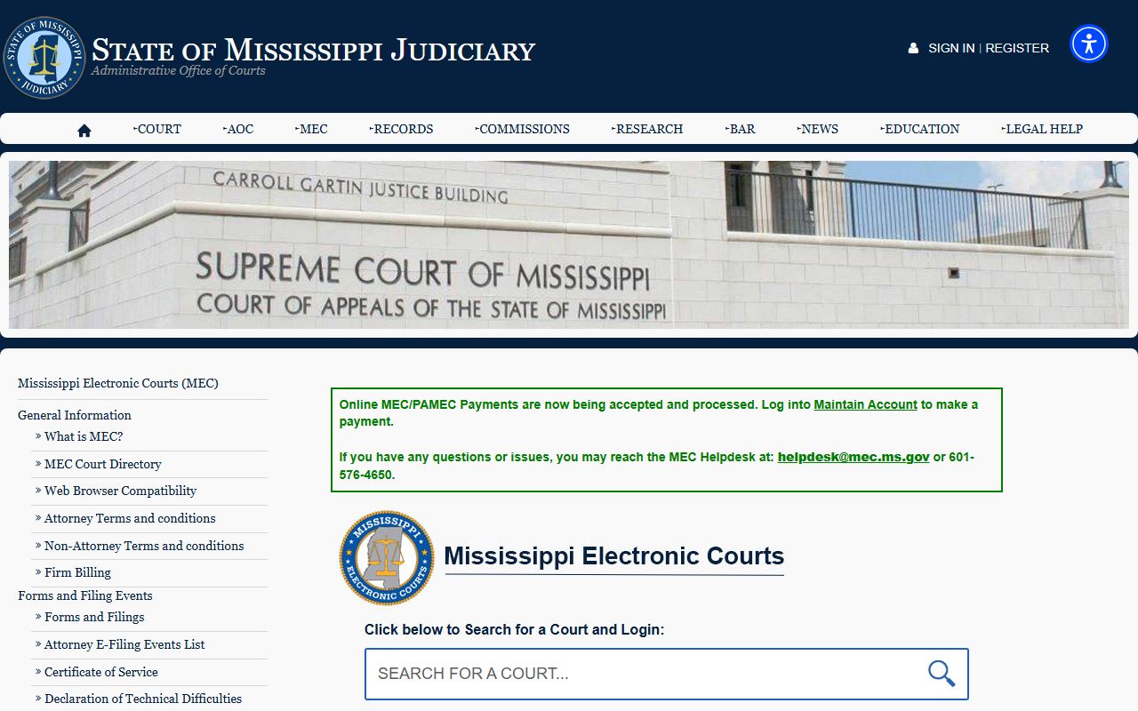 Mississippi Electronic Courts page used for Lincoln County court records access