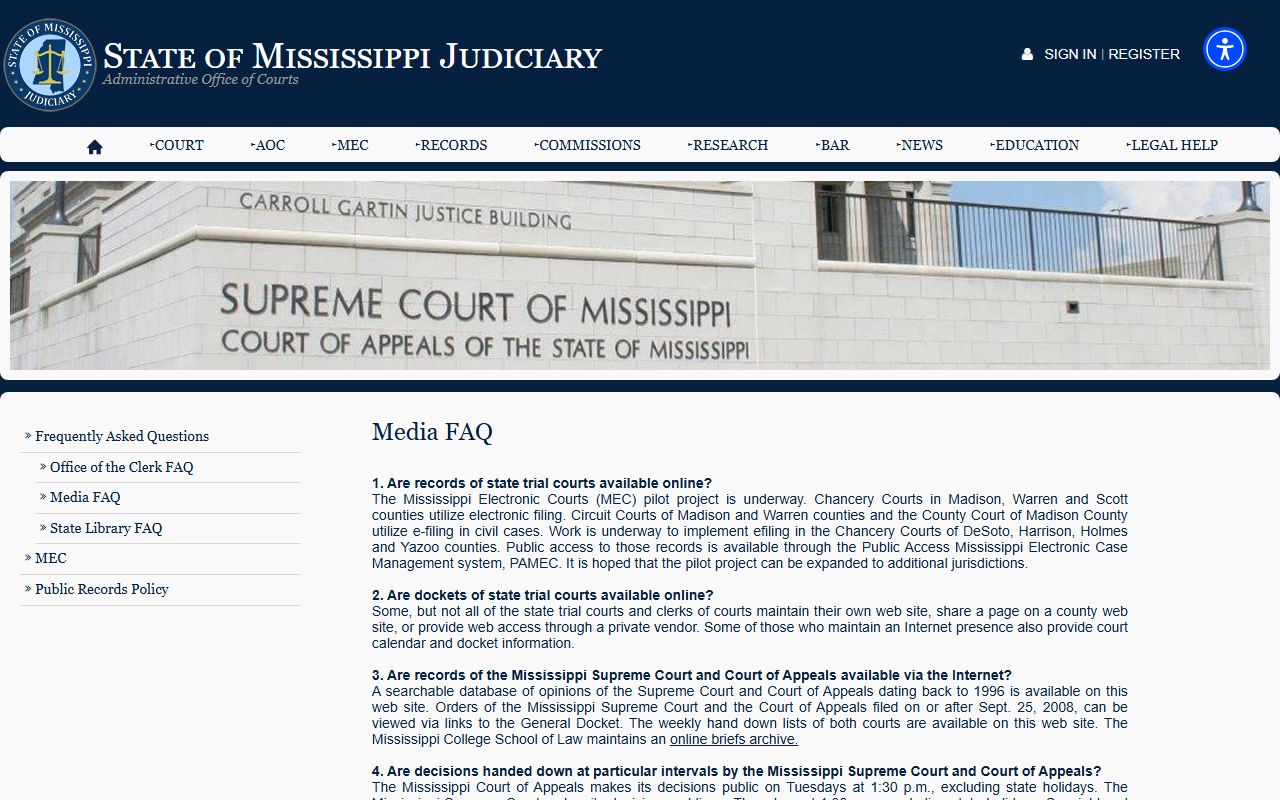 Mississippi Judiciary records policy reference for Lincoln County court records