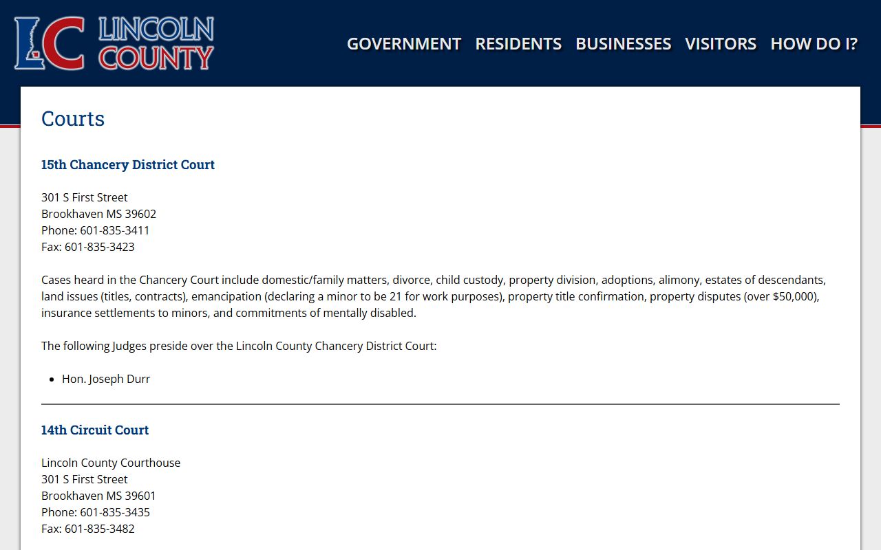 Lincoln County courts page listing court addresses and judges