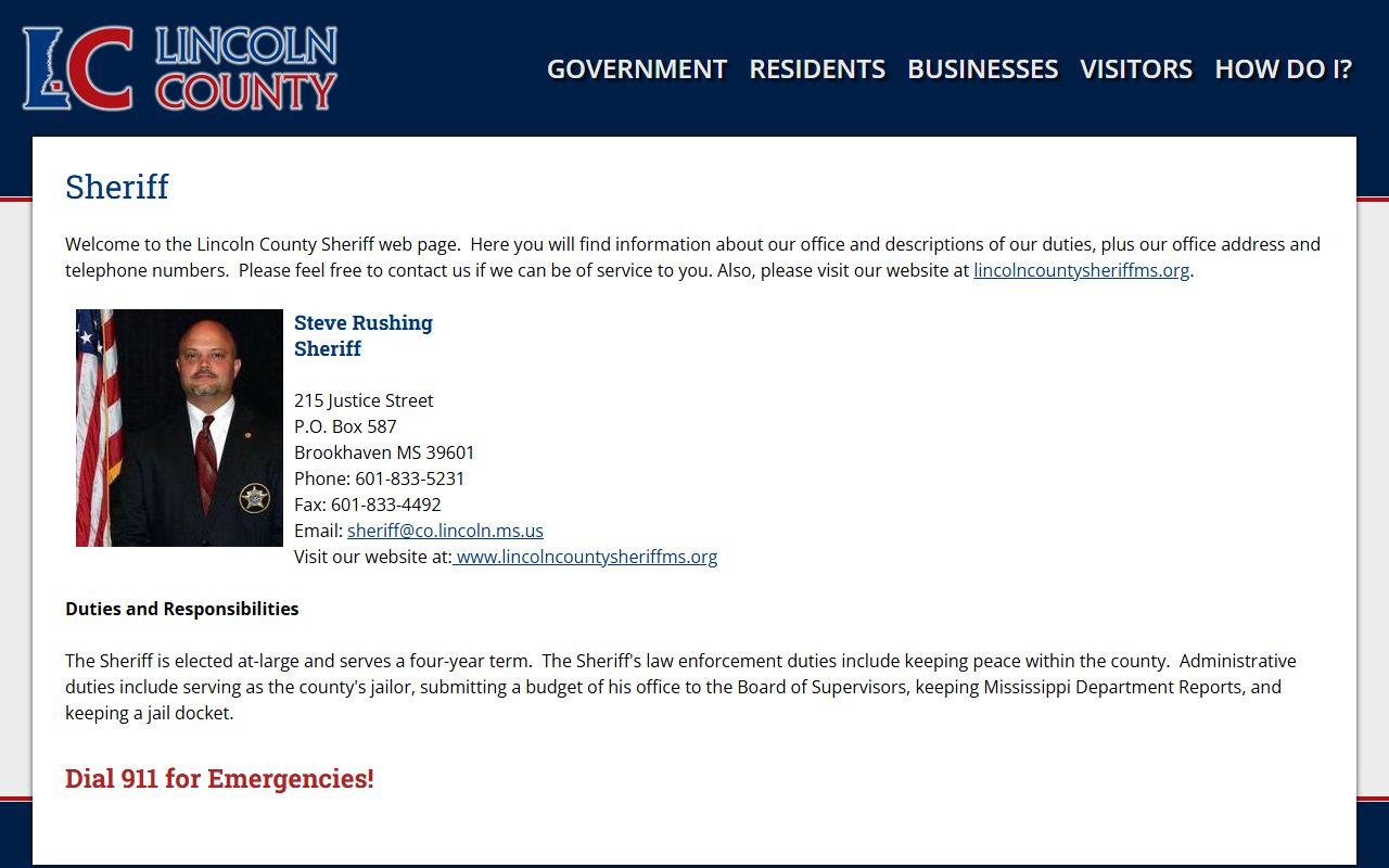 Lincoln County Sheriff page with office contact and jail information