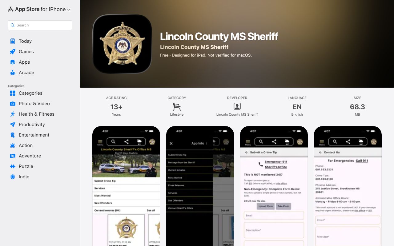 Apple App Store listing for the Lincoln County MS Sheriff inmate records app