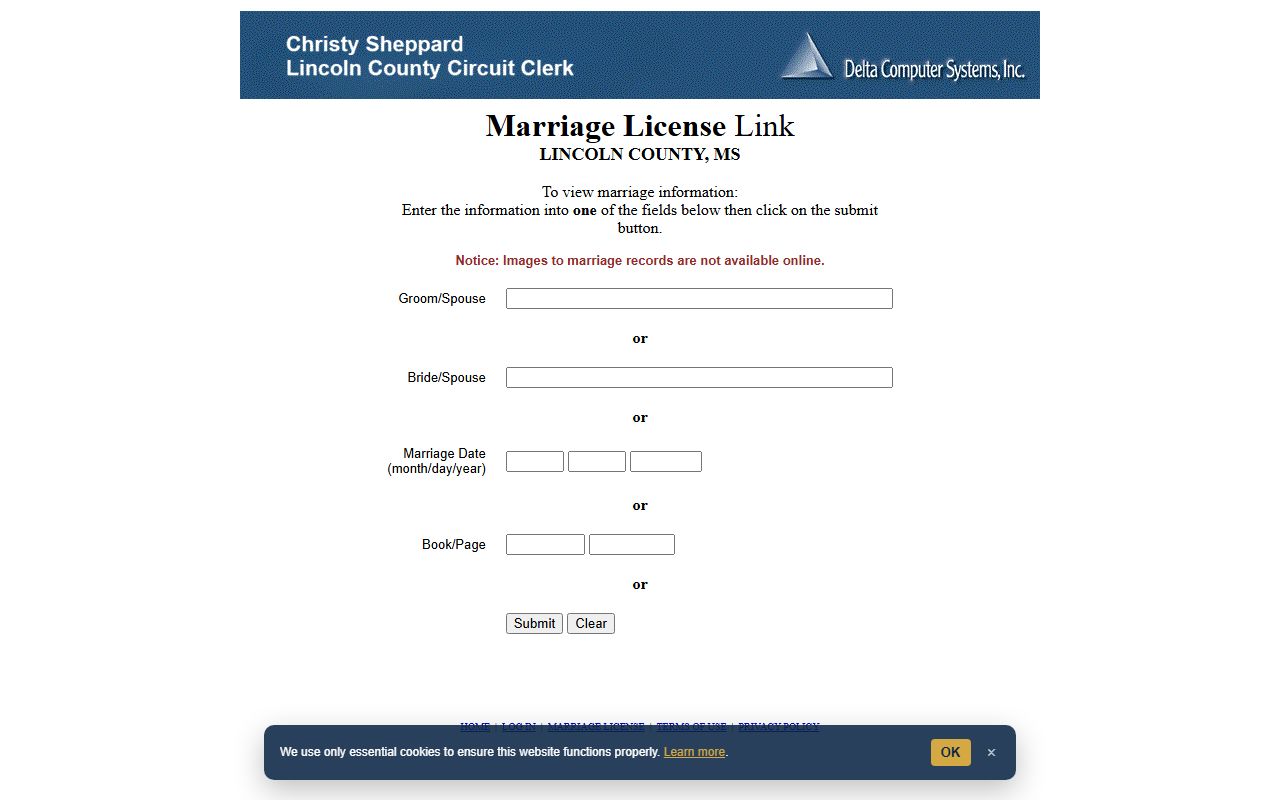 Lincoln County marriage records search interface with name, date, and book fields