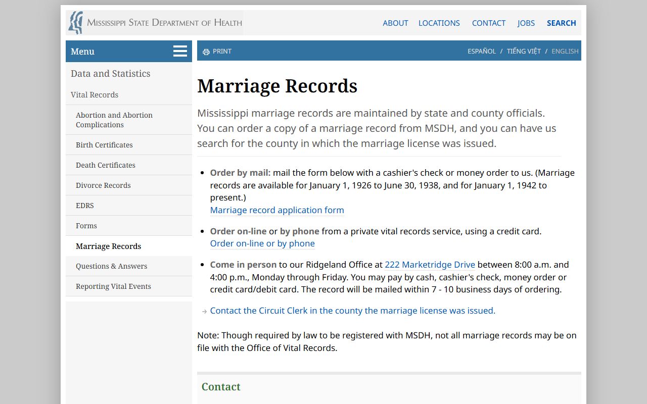 Mississippi State Department of Health marriage and divorce records page for Lincoln County