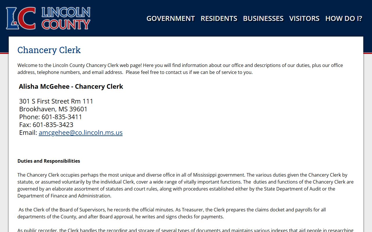 Lincoln County Chancery Clerk official page covering probate and estate records