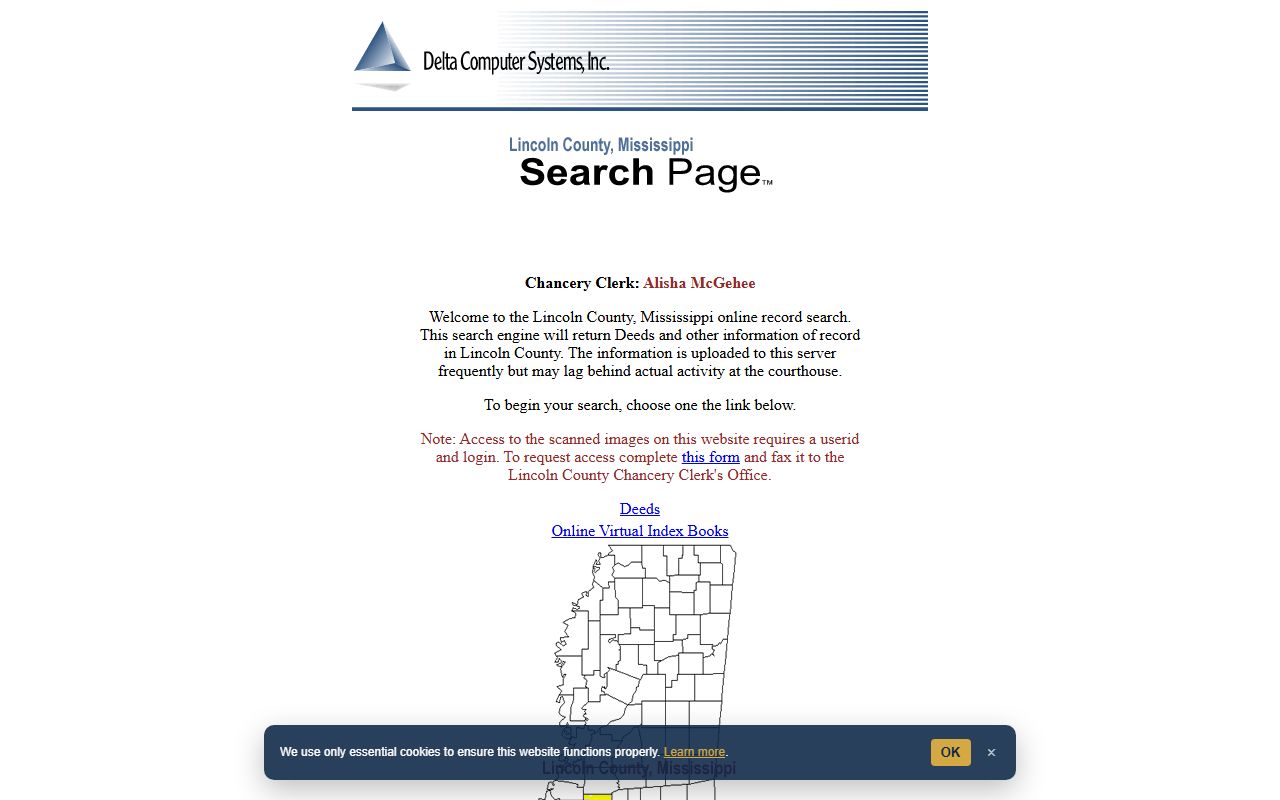 Lincoln County Chancery Court online search landing page for probate and land records