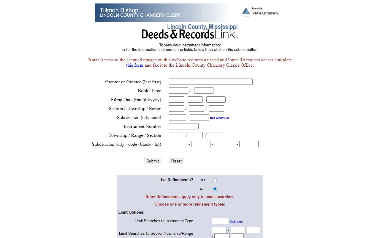 Lincoln County Chancery deed and instrument search fields for probate-related records