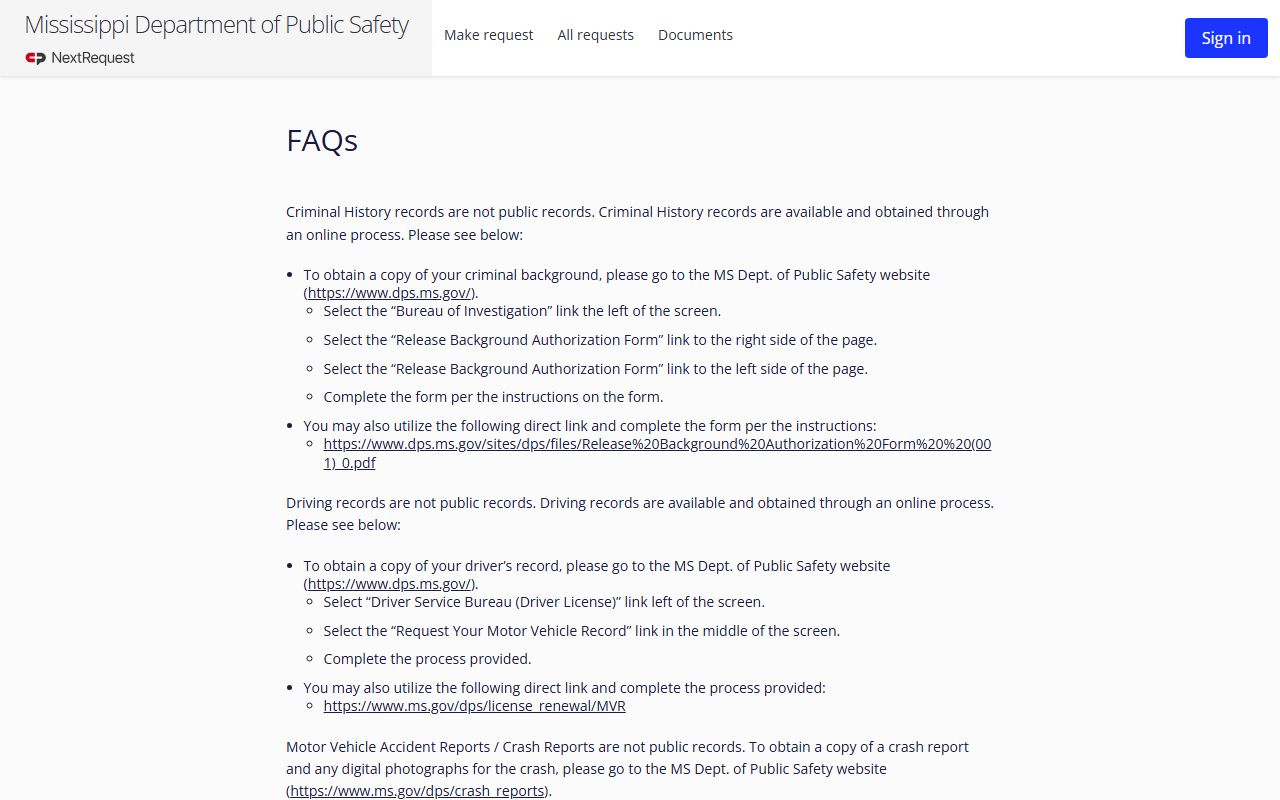 Mississippi DPS records FAQ on crash reports for Lincoln County traffic records